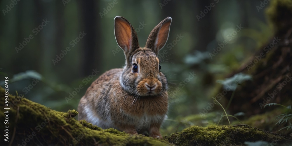 Fototapeta premium Curious woodland rabbit peering through eyeglasses in dark forest.