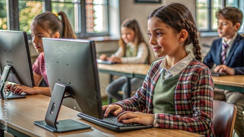  side view at cute schooolgirl using computer in room