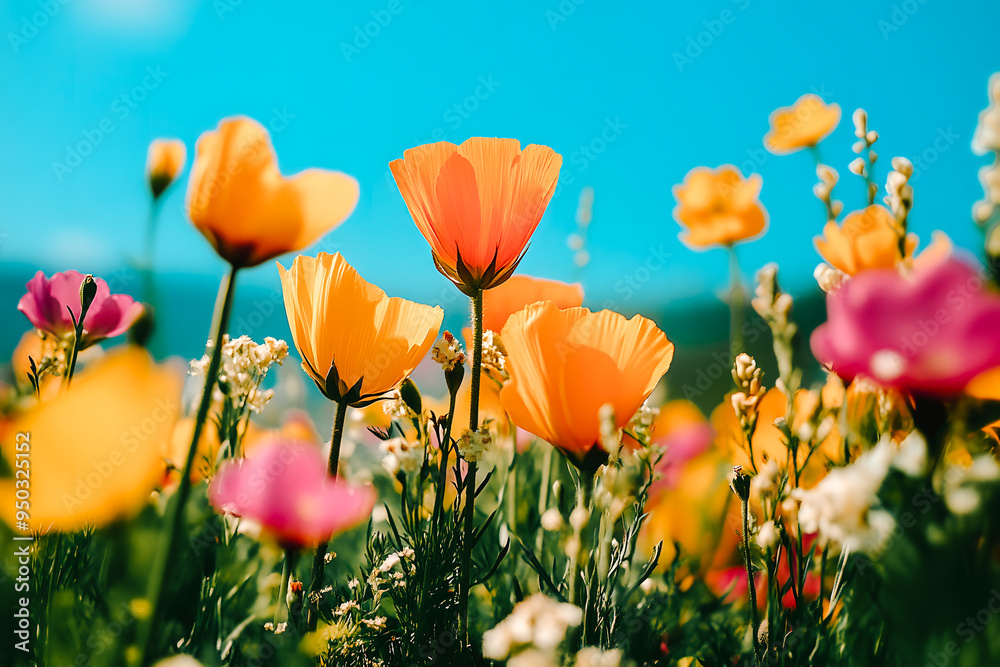 Obraz premium Fleurs en gros plan de platebandes avec fond de ciel