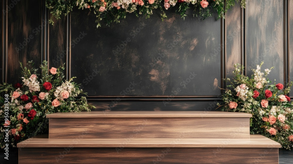 Fototapeta premium A luxurious wooden podium with a polished finish, decorated with a bouquet of flowers on a stage.