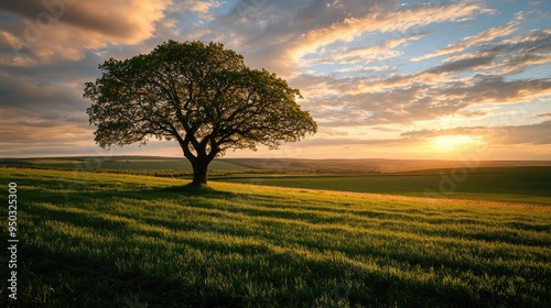 A lone tree standing in a vast green field at sunset, with a dramatic sky and soft sunlight casting long shadows.