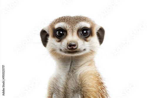 A close up, high resolution image of a vigilant meerkat with a curious expression, set against a clean, bright white background. The even lighting highlights the meerkats