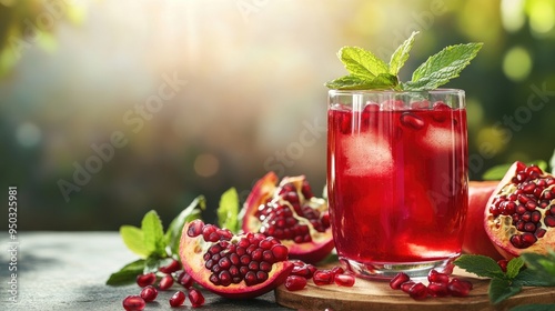 A refreshing glass of pomegranate juice with fresh pomegranate seeds and mint leaves in a Mediterranean setting