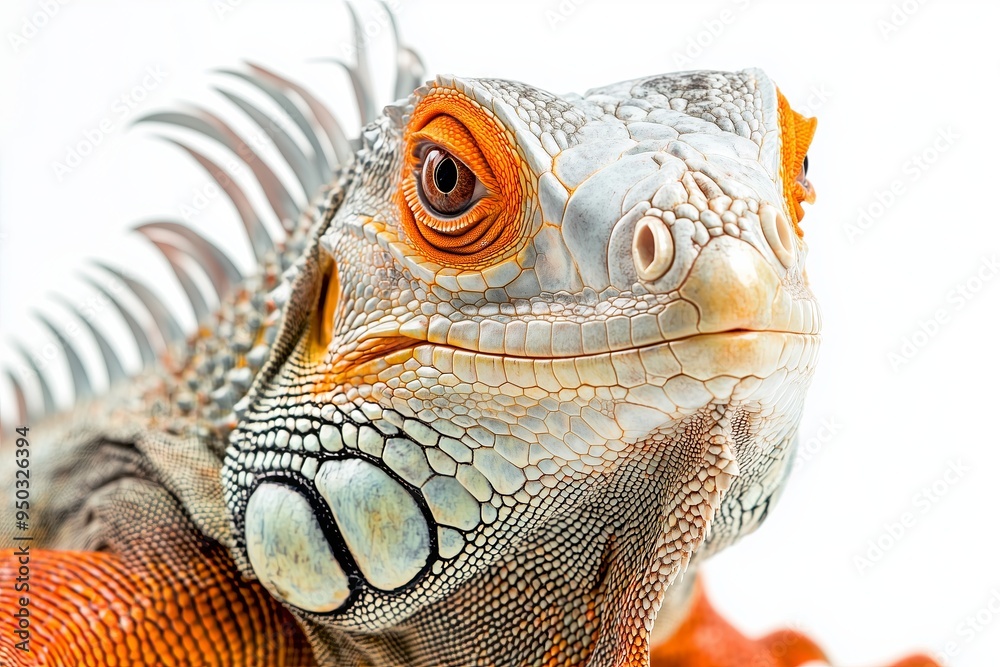Fototapeta premium A close up, high resolution image of an iguana with a detailed, textured skin and a calm expression, set against a clean, bright white background. The even lighting highlights the
