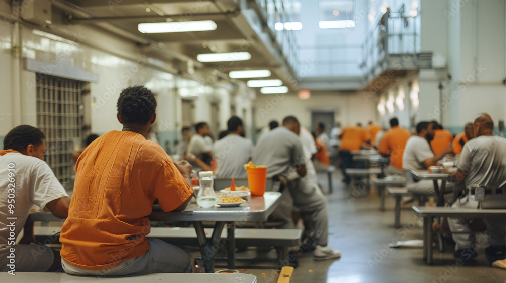 a prison dining hall, with inmates seated at tables eating their meals under the watchful eyes of correctional officers a prison dining hall, with inmates seated at tables eating their meals under the watchful eyes of correctional officers