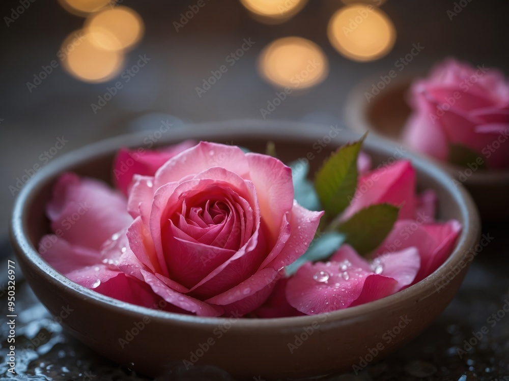Pink Rose Petals in Water-filled Clay Pot. Pink Rose Petals in Water-filled Clay Pot.