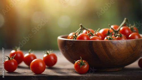 Cherry tomatoes in wooden bowl with natural light. photo