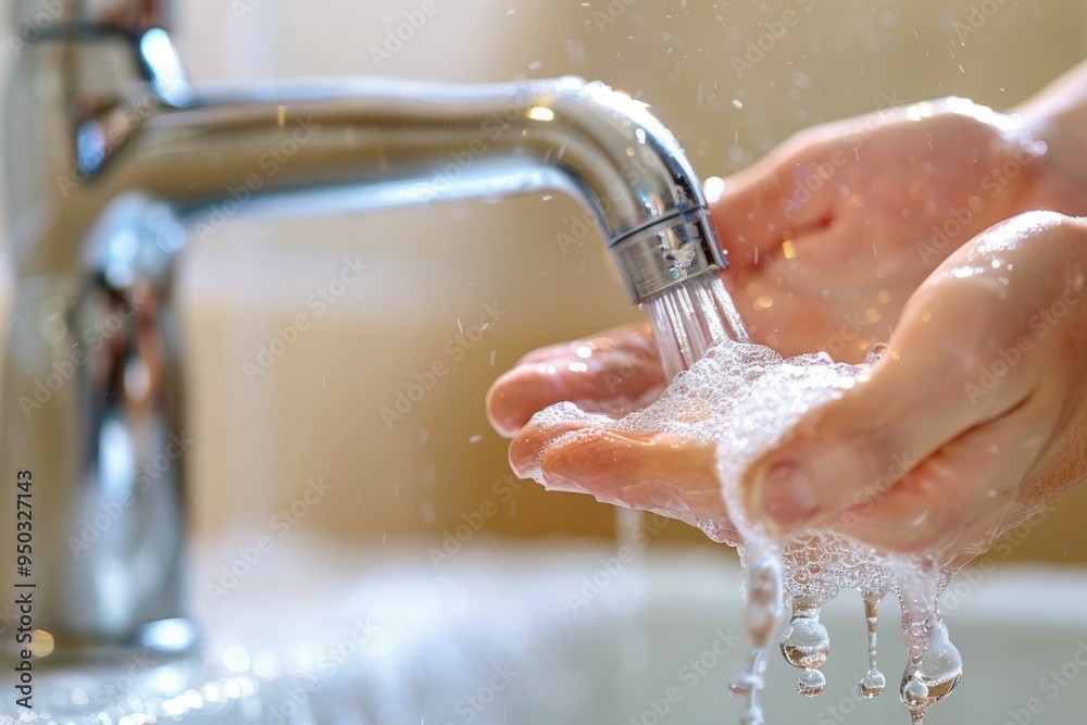 Fototapeta premium Water pour from tap while man wash his hands with anti bacterial soap close up view. Personal hygiene morning activity, safety precautions against COVID-19 pandemic infectious disease outbreak concept