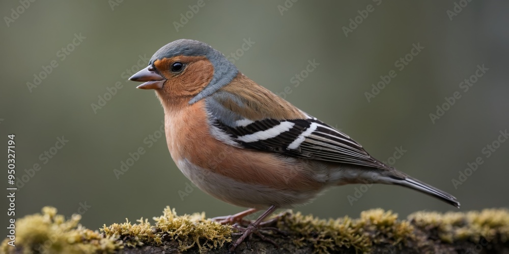 Chaffinch perched on a branch with delicate lichen.