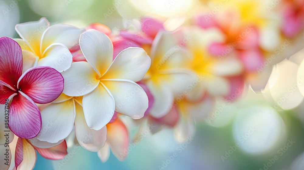 A detailed shot of a frangipani lei garland, with the soft petals and lush colors of the tropical flowers in focus. A detailed shot of a frangipani lei garland, with the soft petals and lush colors of the tropical flowers in focus.