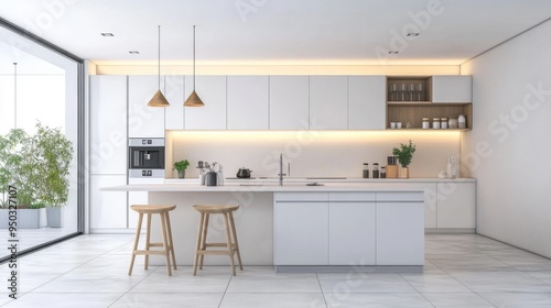 A modern minimalist kitchen featuring a minimalist design with white cabinets, a simple island, and a few carefully chosen decorative elements on a clean counter.