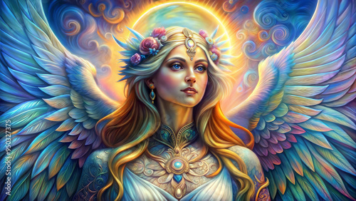 Majestic angelic figure adorned with floral crown and jewelry, surrounded by colorful light and wings