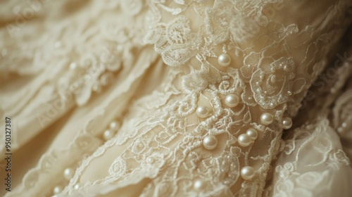 A detailed view of a vintage wedding dress, showcasing the lace and pearl accents that adorn the fabric.