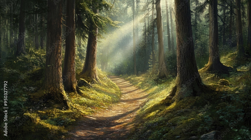Fototapeta premium A winding path through a dense forest with tall trees, moss-covered ground, and sun rays filtering through the leaves.