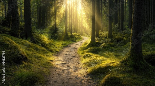 A winding path through a dense forest with tall trees, moss-covered ground, and sun rays filtering through the leaves.