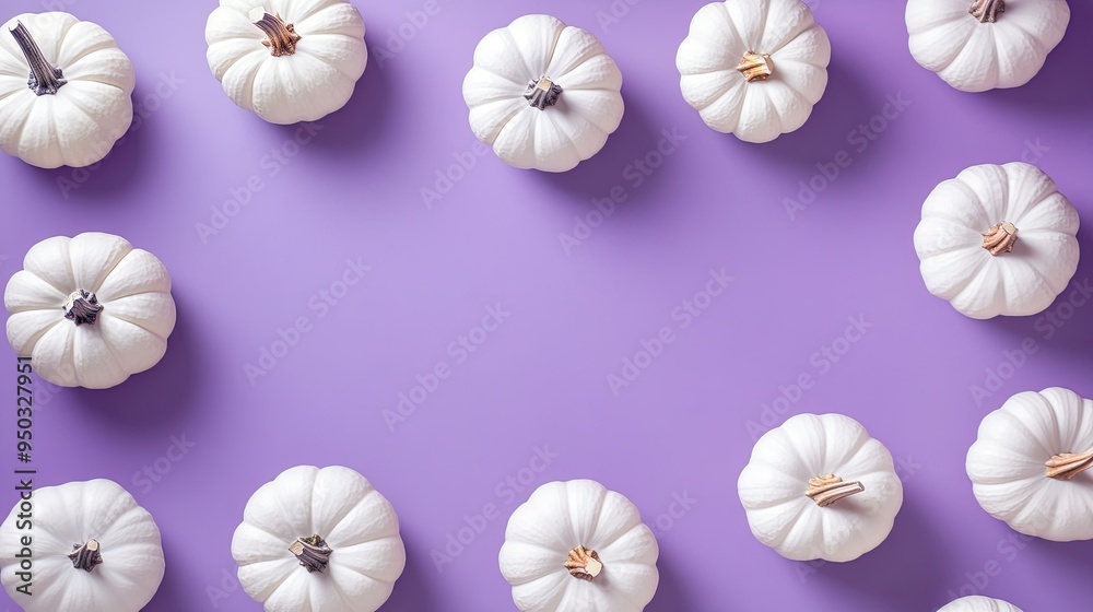A flatlay of Halloween decorations featuring white pumpkins on a purple background, with space for text in the center.