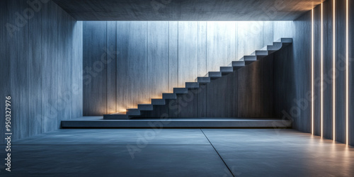 Minimalist interior with a suspended staircase photo