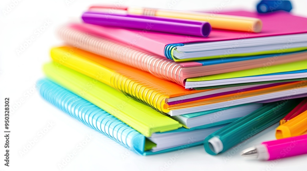 Fototapeta premium A fun and organized stack of colorful notebooks, with highlighters and sticky notes placed on a white background.