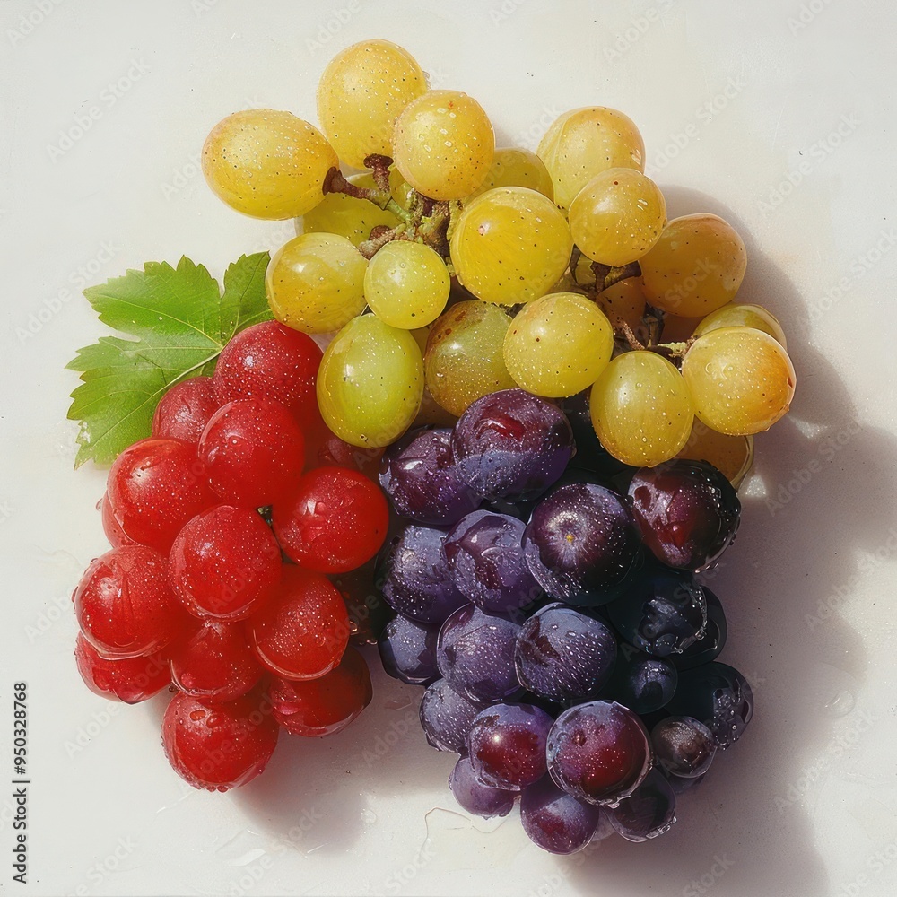 A collection of red, purple, and yellow grapes arranged in a visually appealing manner. A collection of red, purple, and yellow grapes arranged in a visually appealing manner.