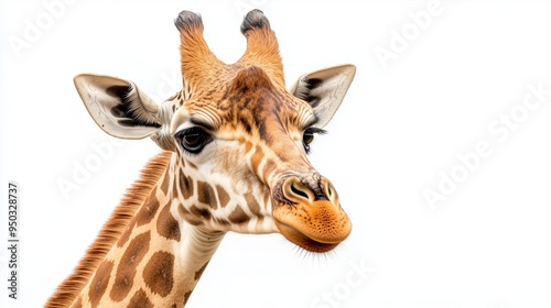 A close up, realistic of a giraffe with a calm gaze, positioned on a vivid white background. The lighting is soft and even, capturing the fine details of the giraffes skin, spots, photo