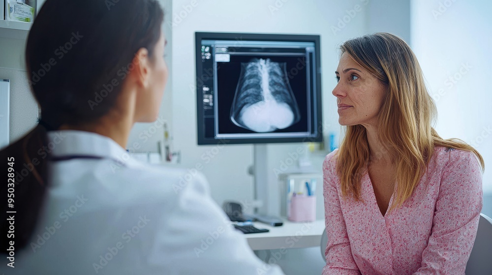 A touching image of a doctor examining a mammogram snapshot of a breast, with a focused expression, while a female patient sits nearby, nervously watching, set in a modern, well-lit clinic room, A touching image of a doctor examining a mammogram snapshot of a breast, with a focused expression, while a female patient sits nearby, nervously watching, set in a modern, well-lit clinic room,