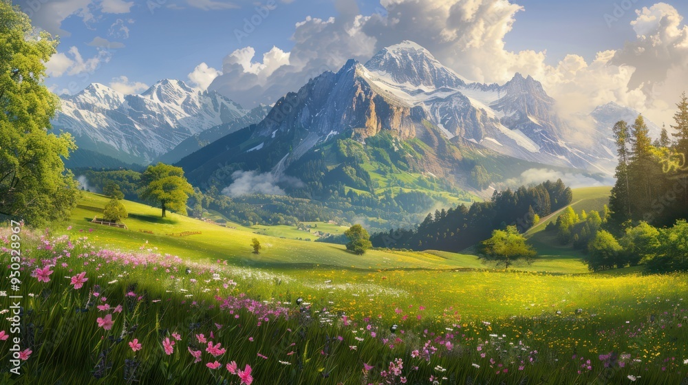 Obraz premium Scenic Mountain Meadow with Blooming Wildflowers