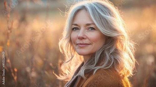 A natural and candid image of a 50-year-old woman outdoors, with gentle sunlight illuminating her face and highlighting her age gracefully