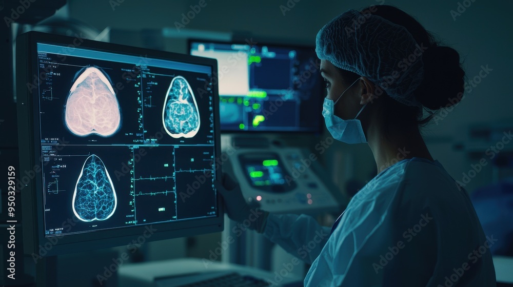 An image of a medical technician reviewing digital scans of the breast on a computer screen in a dimly lit radiology room, emphasizing the advanced technology used in breast cancer detection and the