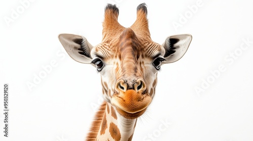 A close up, realistic of a giraffe with a calm gaze, positioned on a vivid white background. The lighting is soft and even, capturing the fine details of the giraffes skin, spots, photo