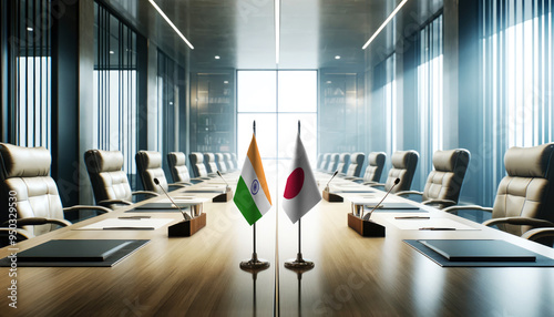 A modern conference room with India and Japan flags on a long table, symbolizing a bilateral meeting or diplomatic discussions between the two nations.