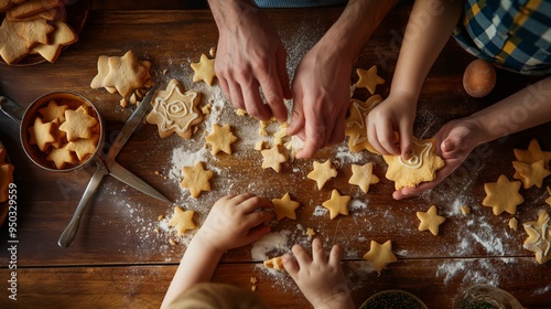 A family gathered around the table to make homemade cookies