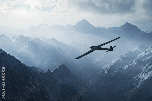 A glider gracefully glides over majestic mountain ranges, showcasing silent elegance amidst vast open skies, inviting adventure.