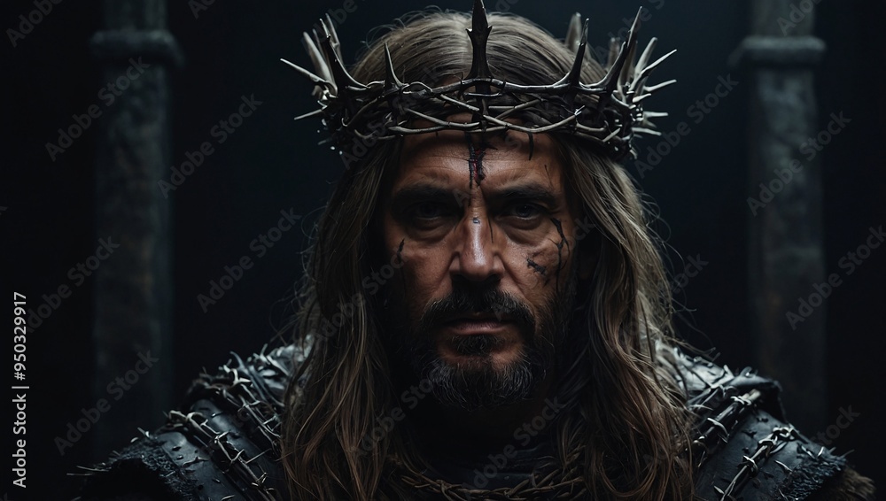 Dark portrait of a king wearing a crown of thorns. Dark portrait of a king wearing a crown of thorns.