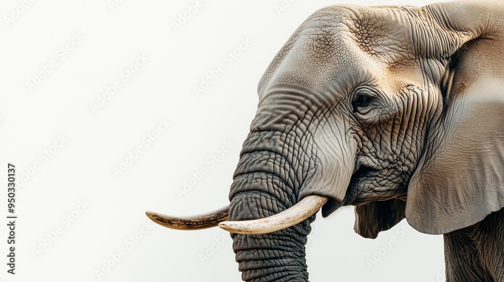 Obraz premium A close up, realistic of a grand elephant with a calm look, positioned on a vivid white background. The lighting is soft and even, capturing the fine details of the elephants skin
