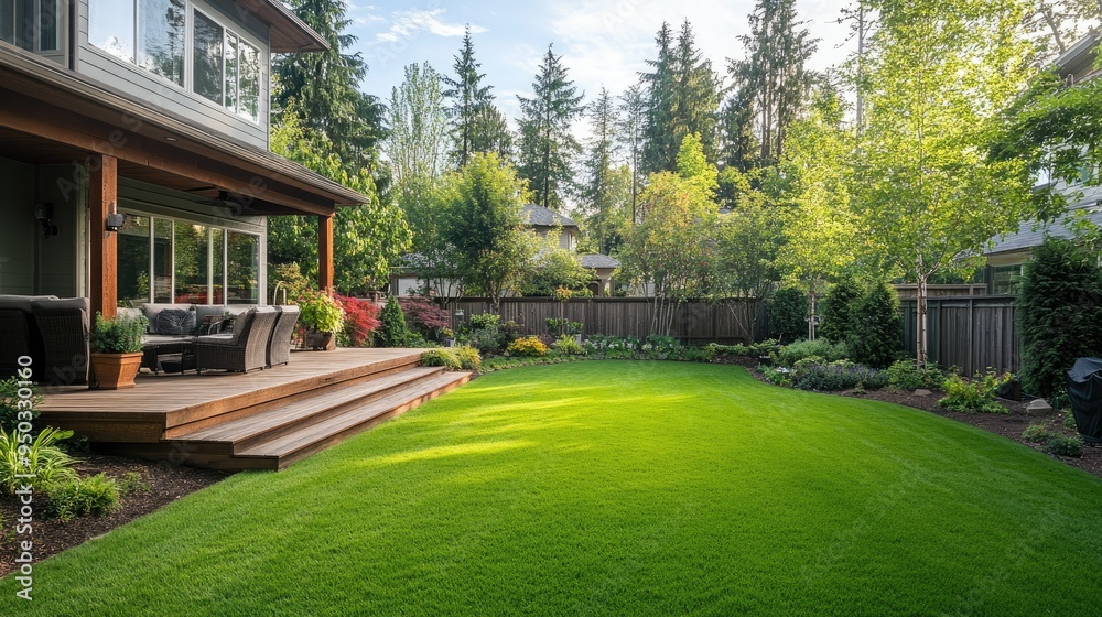 A large backyard featuring a well-maintained lawn, wooden deck, and a house in the distance A large backyard featuring a well-maintained lawn, wooden deck, and a house in the distance