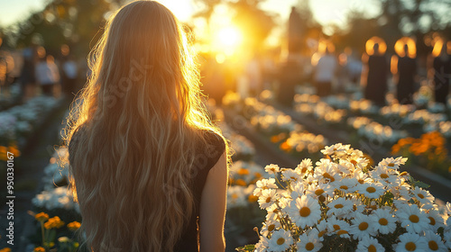 girl stands with her back to the camera, her posture reflecting deep sadness. She faces a blurred crowd of mourners in black, evoking themes of loss, grief, and emotional isolation