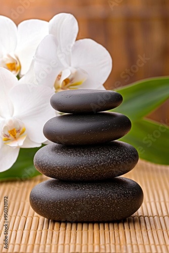 A peaceful spa image with smooth hot stones resting on a bamboo surface, surrounded by flowers, captured in soft, ambient light