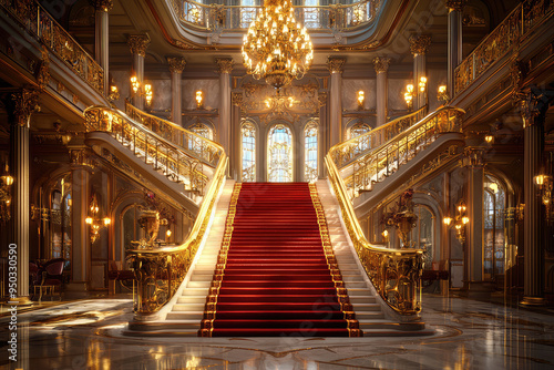 Explore the Grandeur: A Stunning 3D Render of an Opulent Casino Staircase Bathed in Warm Light and Lavish Decoration.