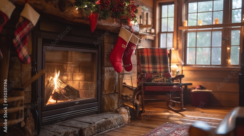 Naklejka premium fireplace with a warm fire and stockings hung
