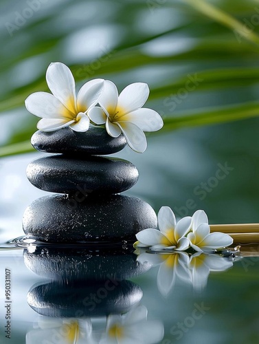 A serene spa scene with bamboo, hot stones, and flowers, all captured in soft, ambient light to enhance the calming atmosphere