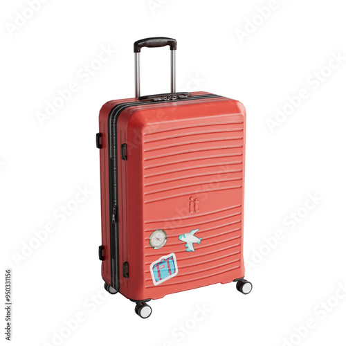 Fényképezés Red travelling suitcase with stickers on it, with isolated background