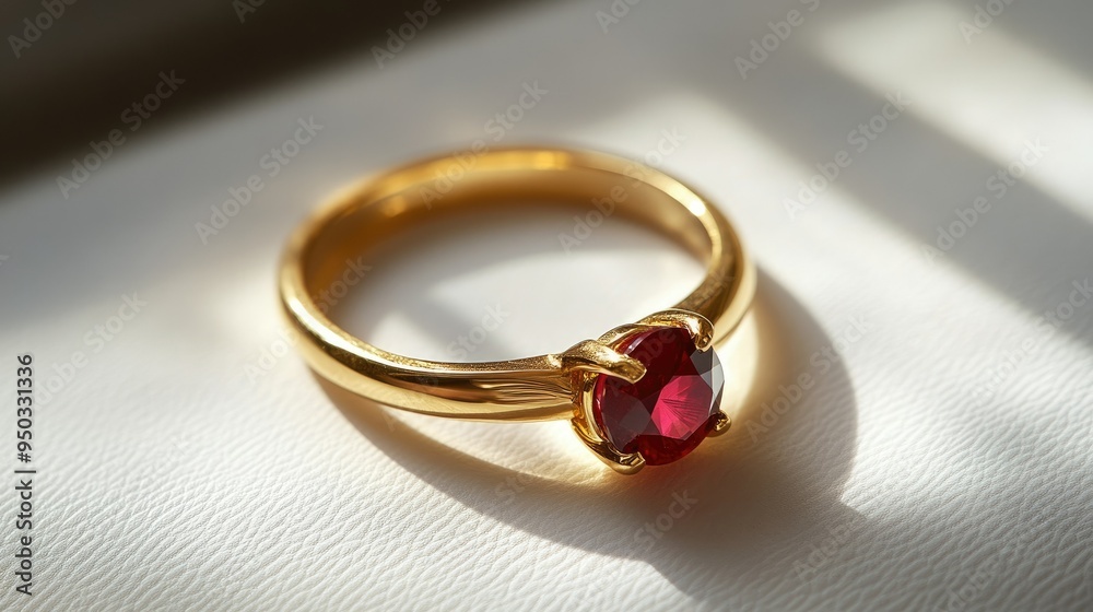 A luxurious gold ring with a deep red ruby, displayed beautifully on a crisp white surface. A luxurious gold ring with a deep red ruby, displayed beautifully on a crisp white surface.