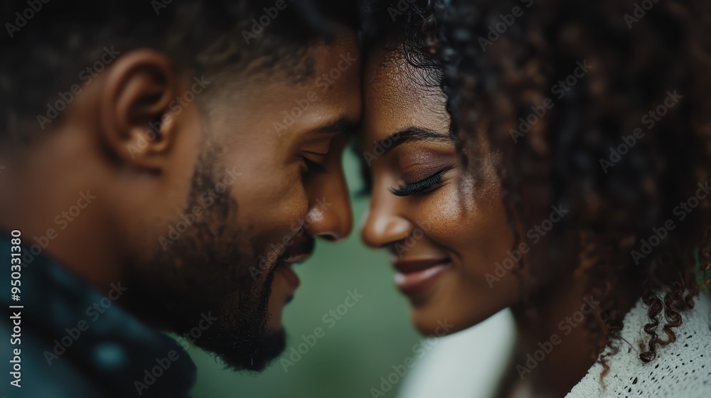 Image of a couple touching foreheads, embodying intimacy and affection. Their peaceful expressions highlight their emotional connection framed in a warm, soft light. Image of a couple touching foreheads, embodying intimacy and affection. Their peaceful expressions highlight their emotional connection framed in a warm, soft light.