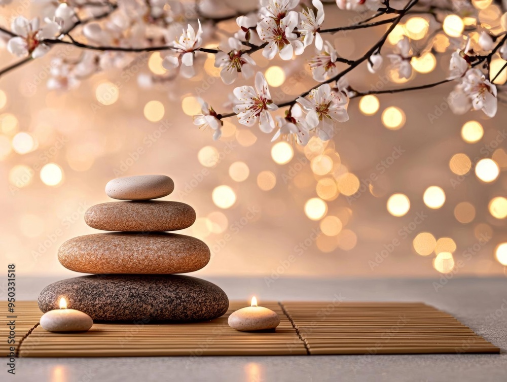 A tranquil image of a spa setting with a bamboo mat, hot stones, and flowers, illuminated by warm, ambient light A tranquil image of a spa setting with a bamboo mat, hot stones, and flowers, illuminated by warm, ambient light
