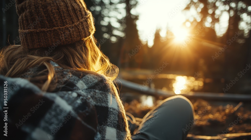 A person in a plaid shirt and beanie relaxes by a lake at sunset, capturing a tranquil moment of serenity and natural beauty in the great outdoors surrounded by forest. A person in a plaid shirt and beanie relaxes by a lake at sunset, capturing a tranquil moment of serenity and natural beauty in the great outdoors surrounded by forest.