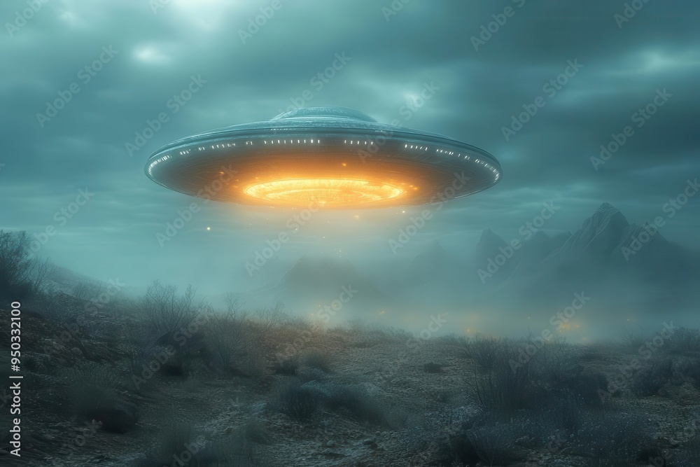 otherworldly alien invasion scene ominous ufo hovering over landscape eerie lighting scifi atmosphere otherworldly alien invasion scene ominous ufo hovering over landscape eerie lighting scifi atmosphere