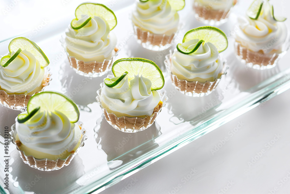 a plate of mini lime cheesecakes topped with whipped cream and lime slices, displayed on an elegant glass tray a plate of mini lime cheesecakes topped with whipped cream and lime slices, displayed on an elegant glass tray