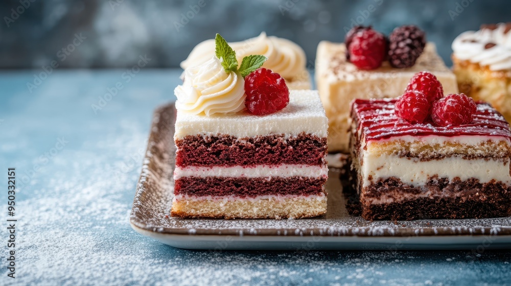 This image displays layered cakes topped with various colorful ingredients, neatly placed on a dark plate amidst a blue backdrop, ideal for bakery-themed graphics and ads. This image displays layered cakes topped with various colorful ingredients, neatly placed on a dark plate amidst a blue backdrop, ideal for bakery-themed graphics and ads.