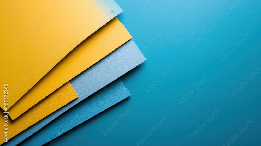 A visually striking composition of yellow and blue papers stacked neatly on a blue background, offering a modern and stylish element perfect for creative and editorial uses.