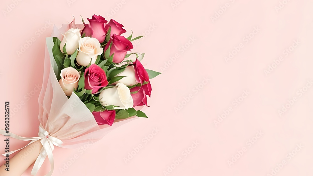 Roses bouquet in cone on pink background Roses bouquet in cone on pink background
